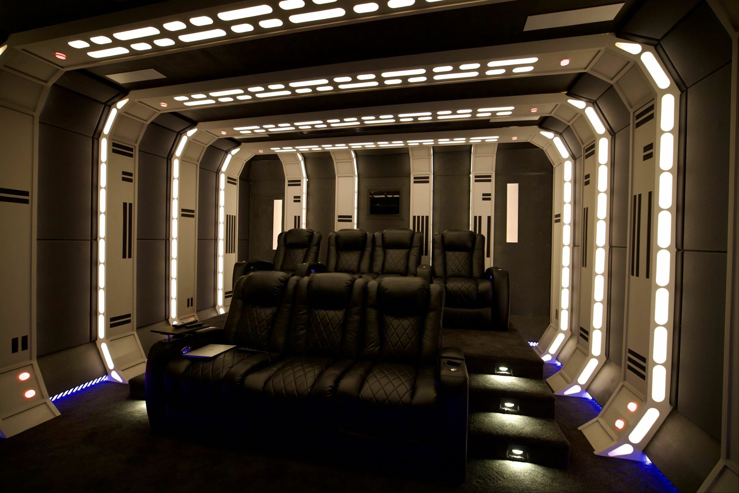 Starship-style home theater with LED-lit walls